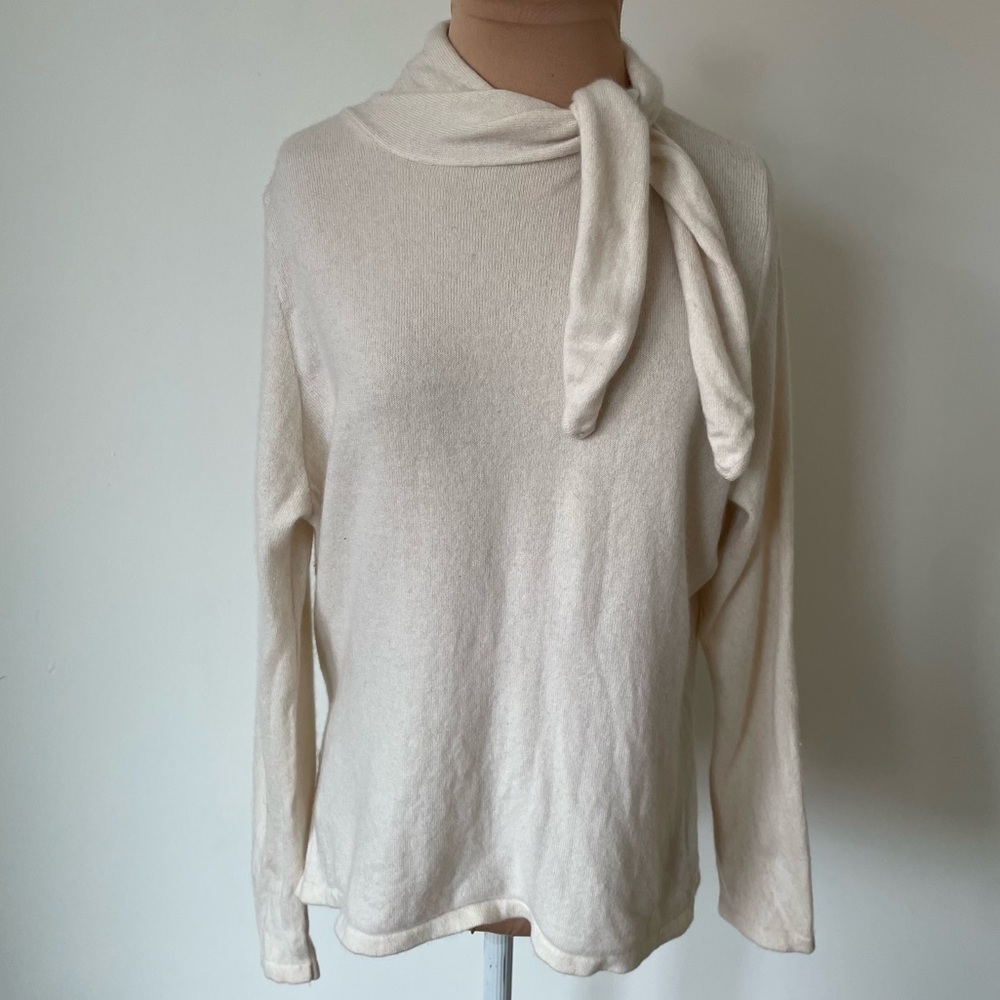 Sue Designer Knits Vintage Pure Cashmere Ivory Ireland Neck Tie Sweater Sz 44/S